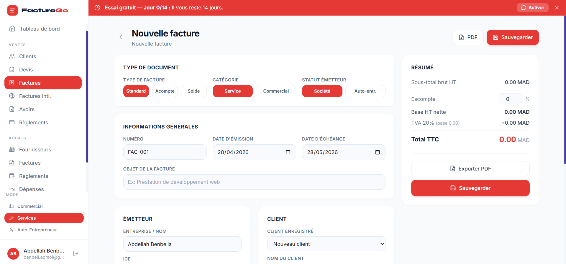Interface de création de devis FactureGo — création de devis en ligne maroc simplifiée