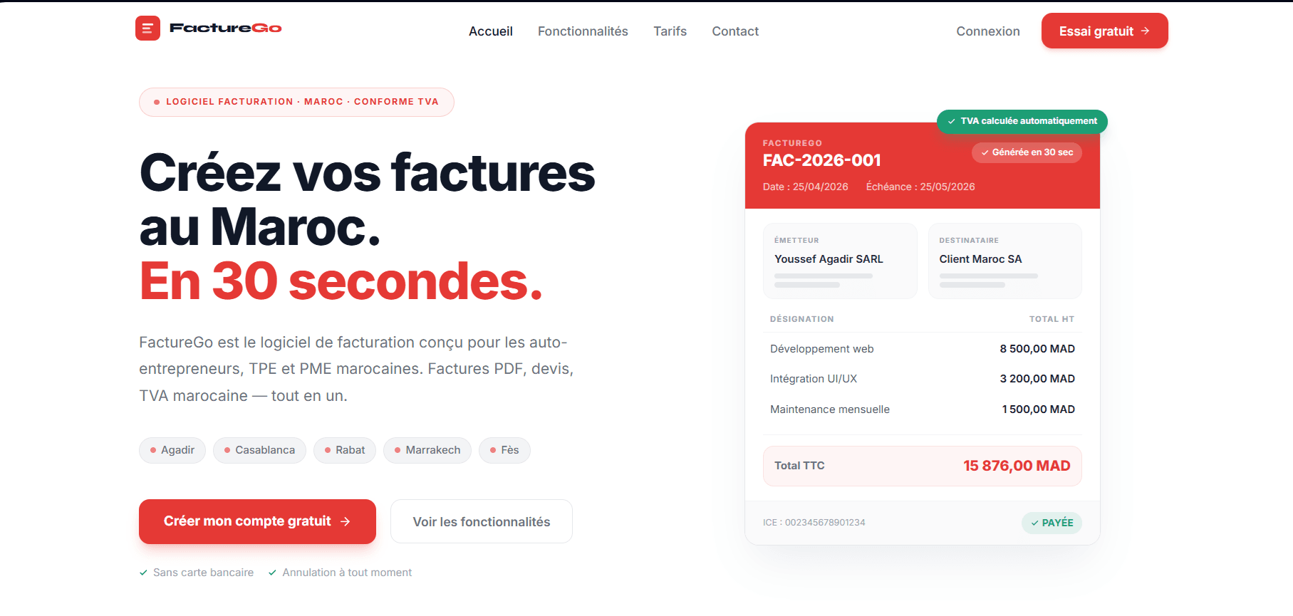 FactureGo — Page d'accueil du logiciel de facturation en ligne Maroc